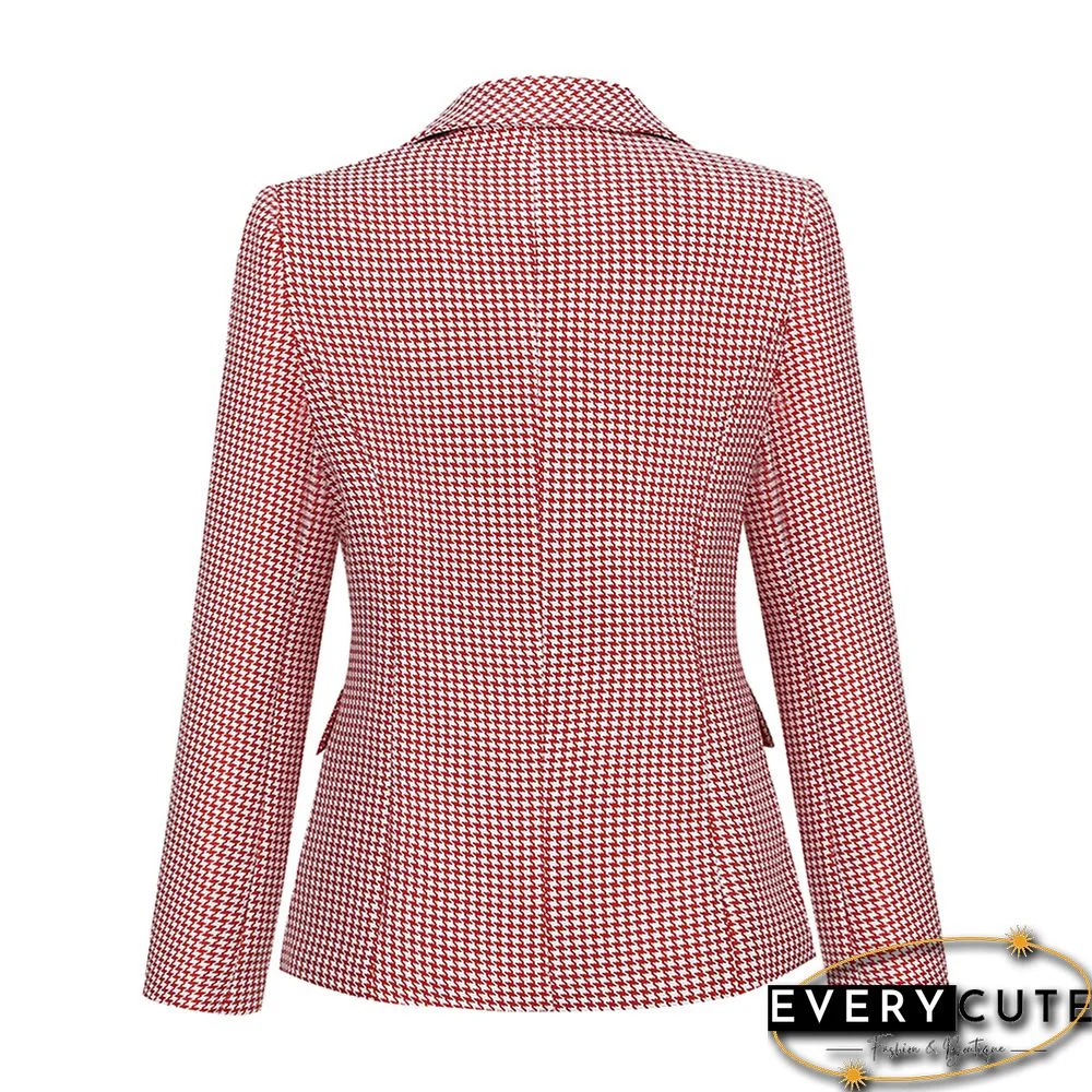 Red Double-breasted Houndstooth Blazer