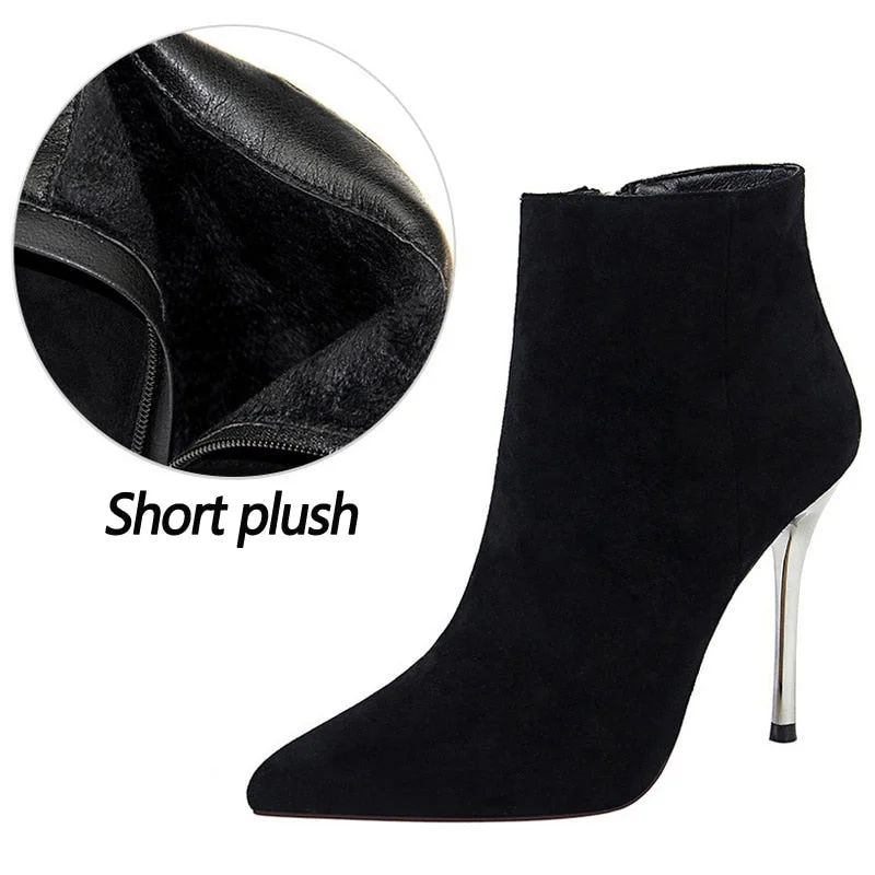 BIGTREE Shoes Pointed Toe Women Ankle Boots Suede Black Boots Women Stiletto High-heel Boots Short Plush Autumn Winter Boots
