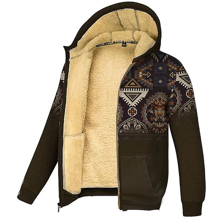 Men's Outdoor Thickened Zip Print Hooded Jacket