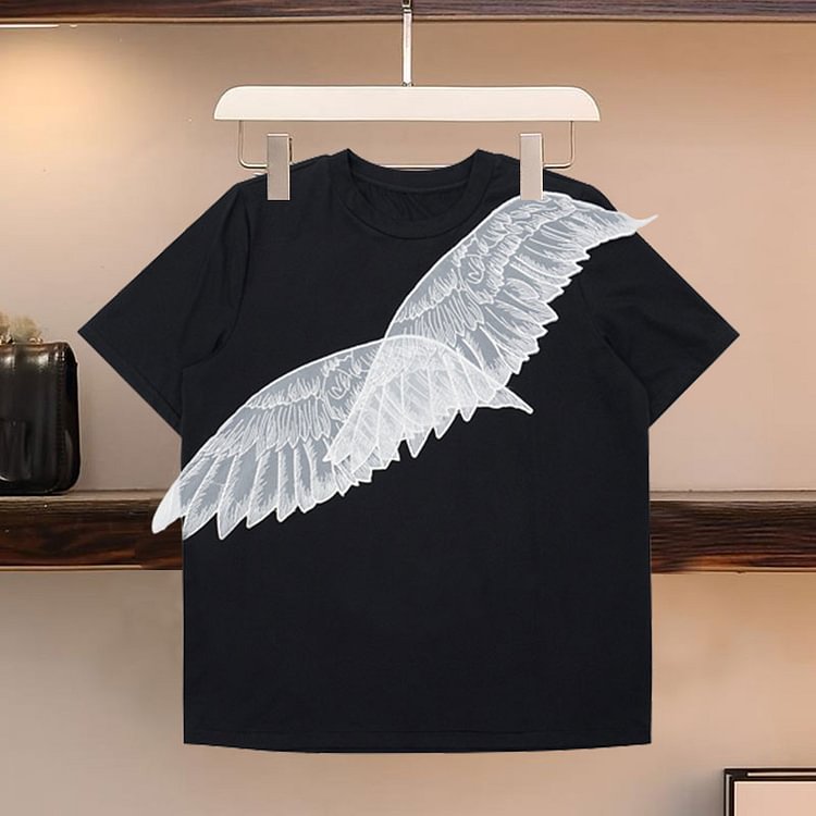 Lace Wings Round Collar T-Shirt Denim Shorts Set - Modakawa modakawa