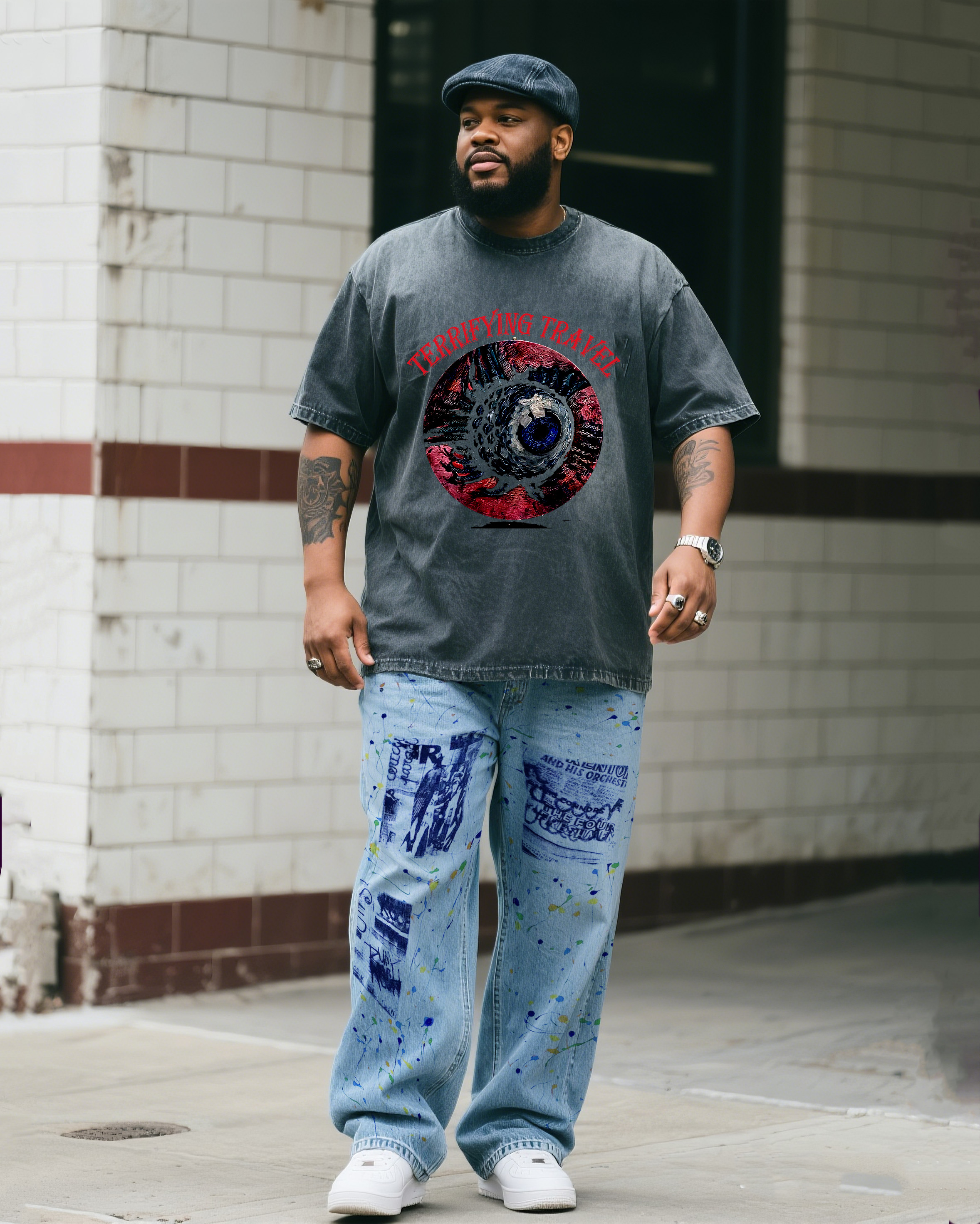 Plus Size Men's Horror Travel Printed T-Shirt Splash Ink Pants Denim Suit