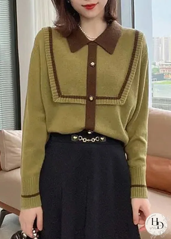 French Green Peter Pan Collar Patchwork Women Knitted Tops Fall