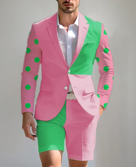 Casual Contrast Color Polka Dots Buttons Blazer & Shorts 2Pcs Set 