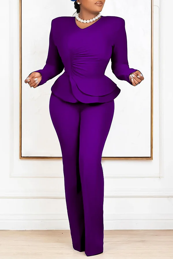 Elegant Ruffle Ruching Long Sleeve Top Solid Color Straight-Leg Pant Suits