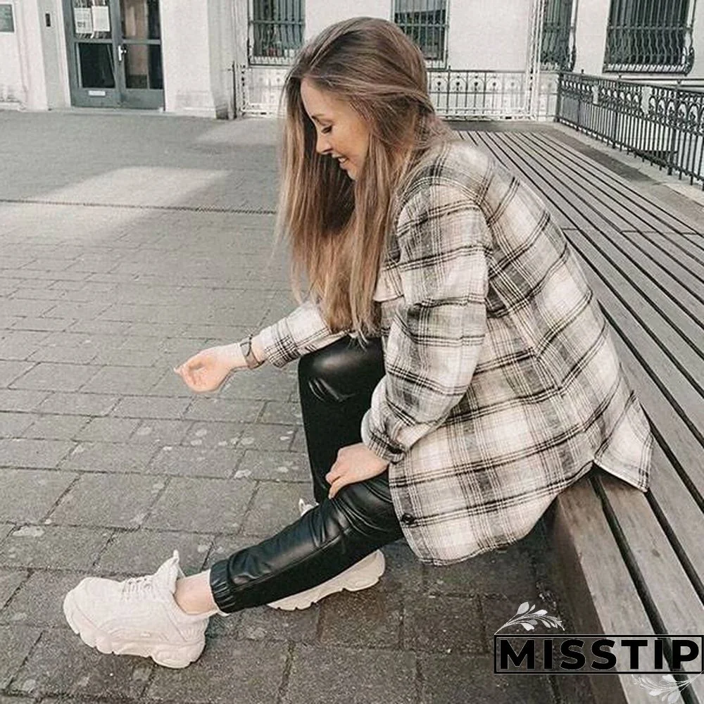 Classic Thick Colorblock Checked Button Down Shirt Jacket Woolen