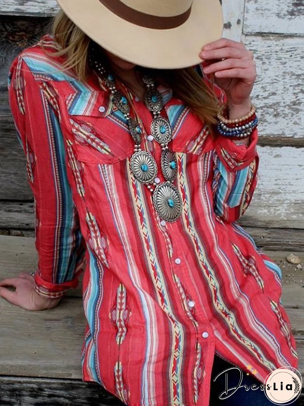 Vintage Boho Geometric Printed Plus Size Long Sleeve Casual Shirt Tops