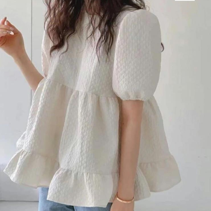 Khaki Waffle Patchwork Frilled V Neck Blouse