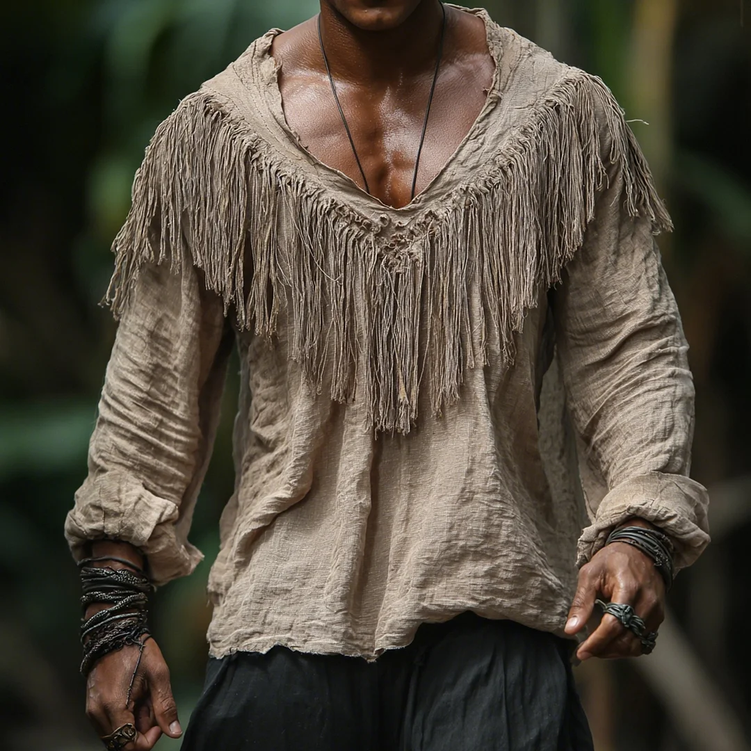 Men's Retro Linen Tassel-Decorated V-Neck Long-Sleeve T-Shirt Jungle Holiday Casual Tribal Ethnic Style Top-inspireuse
