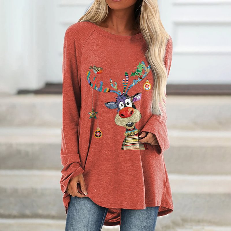 Christmas Reindeer Printed Women's Loose T-shirt