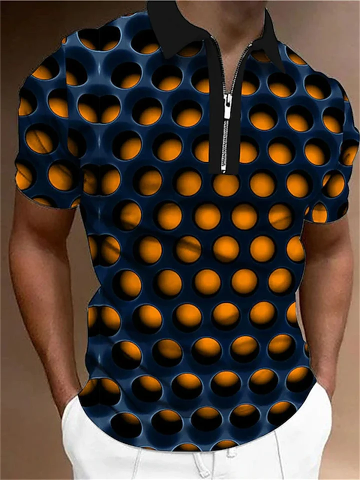 Men's Collar Polo Shirt Golf Shirt Optical Illusion Turndown Blue Orange Red Gray 3D Print Outdoor Street Short Sleeves Zipper Print Clothing Apparel Fashion Designer Casual Breathable / Summer | 168DEAL