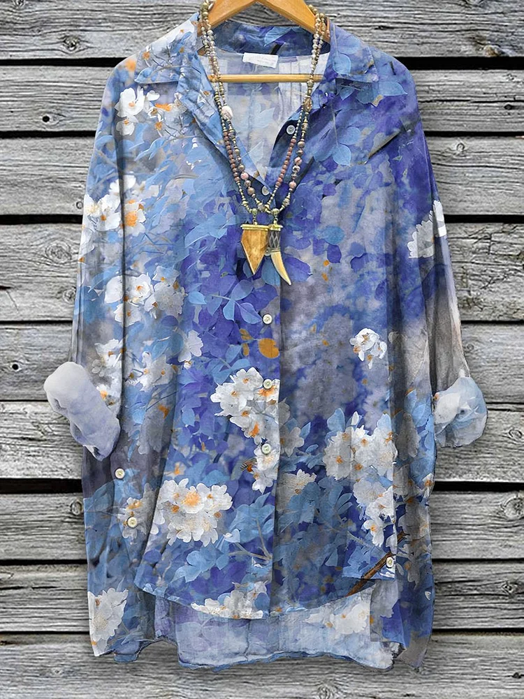 Women's Spring Flowers Art Print Casual Cotton And Linen Shirt