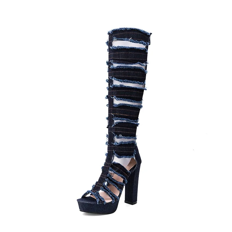 Qengg Platform Sandals Chunky Heel Blue Denim Cloth Cutout Boots Shoes Woman Summer 2022 Lady sexy Peep Toe Cover Heel 12CM High Heel