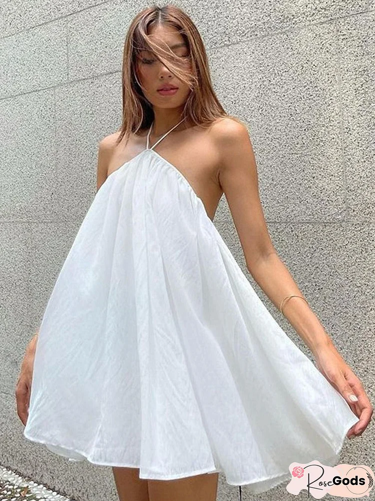 Loose Backless Dress Casual White Niche Mini Neck Skirt Girl White Dresses