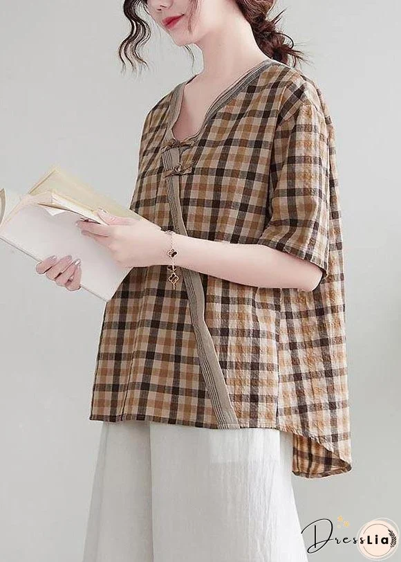 Natural Orange Plaid Oriental Cotton Linen Summer Shirt Tops