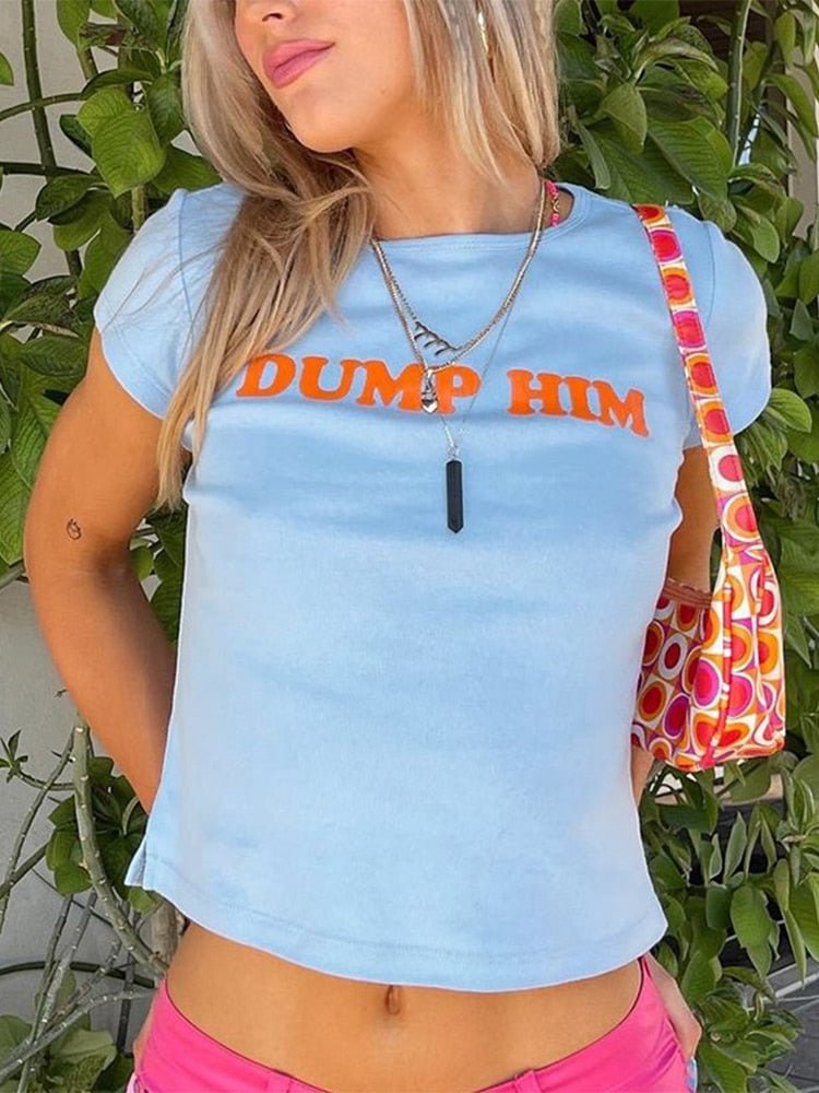 Jacqueline Summer 2022 Y2K Print Letter Crop Tops Women Fashion Cute Skinny Short Sleeve O Neck Baby T Shirts Aesthetics Kawaii