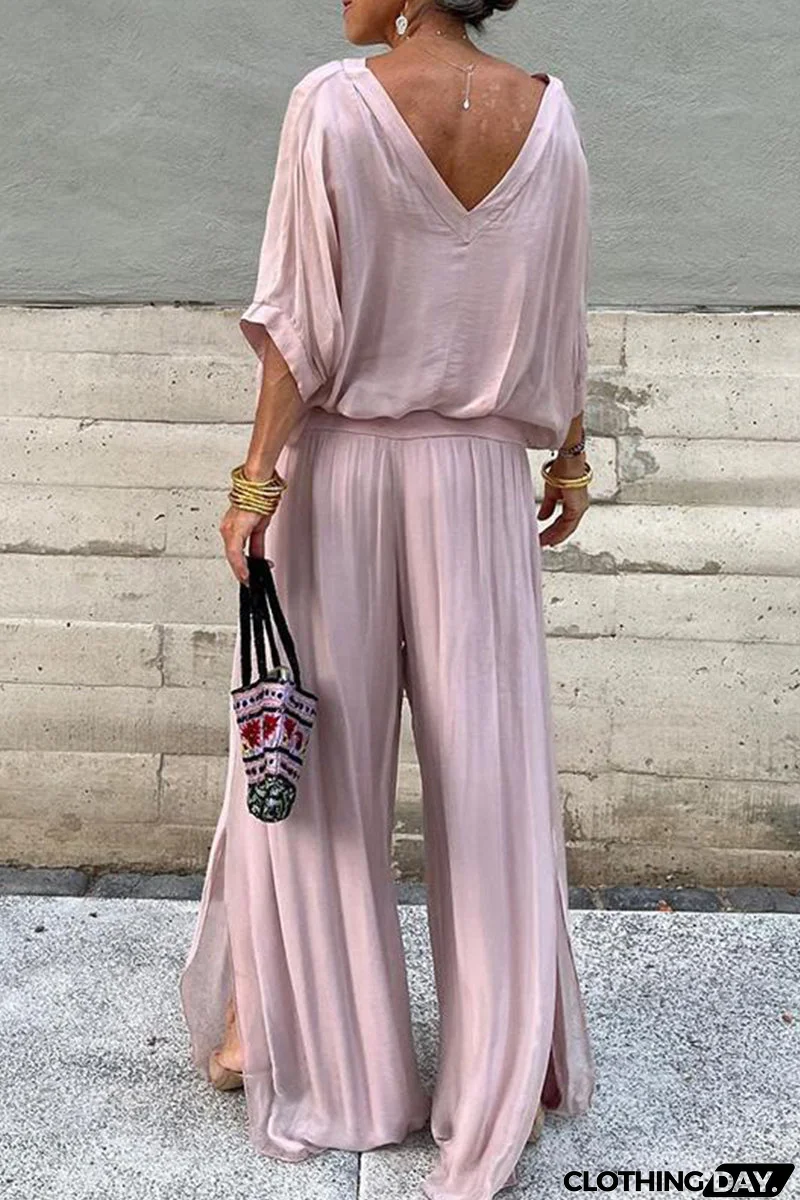 Elegant Solid Patchwork V Neck Half Sleeve Two Pieces