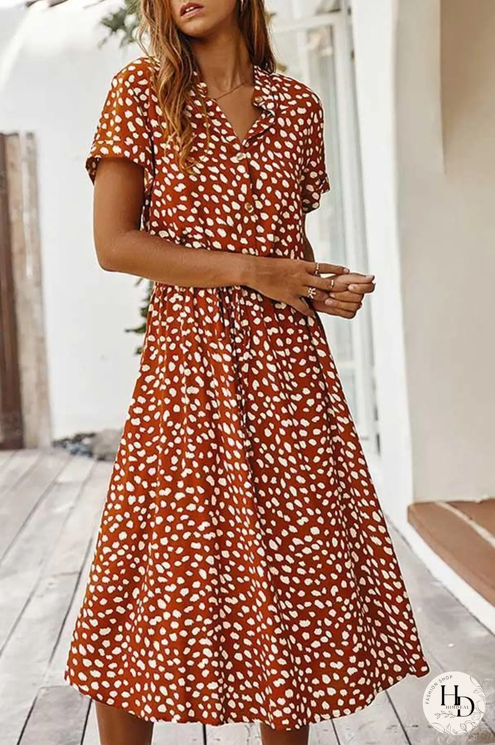 Polka Dot Short Sleeve Midi Dress (2 Colors) P14123