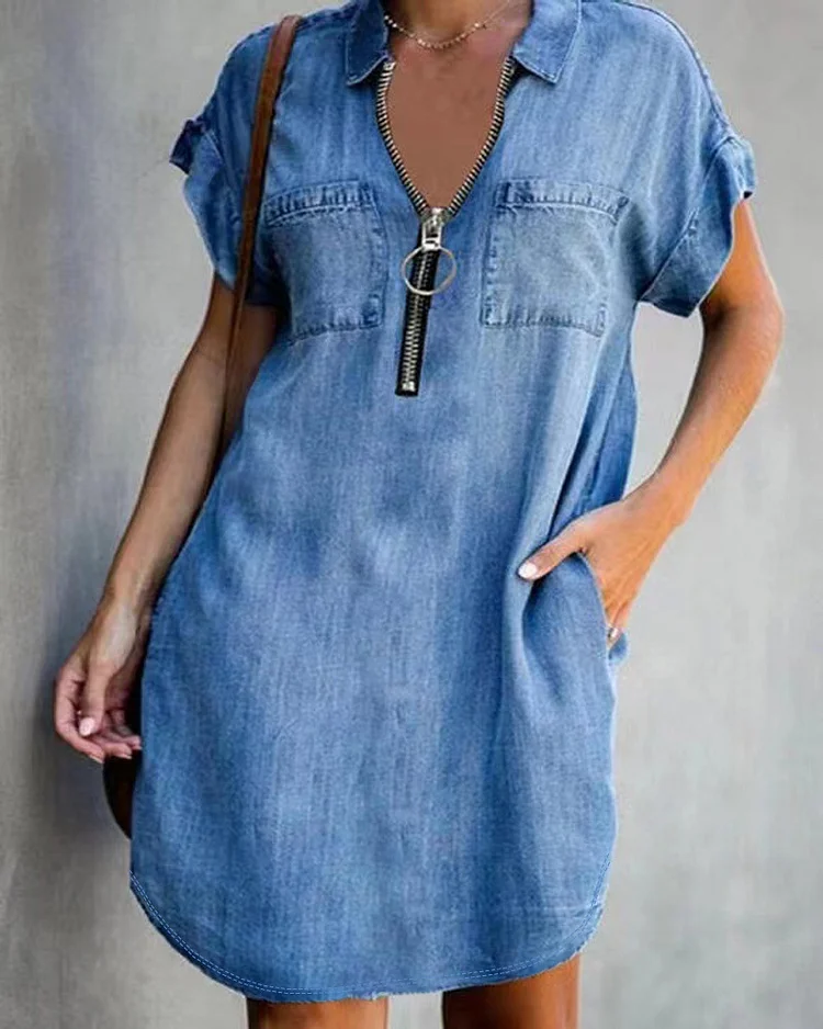 Women's Denim Dress Lapel V-Neck Front Zipped Short Sleeve Mini Dress 5Colors
