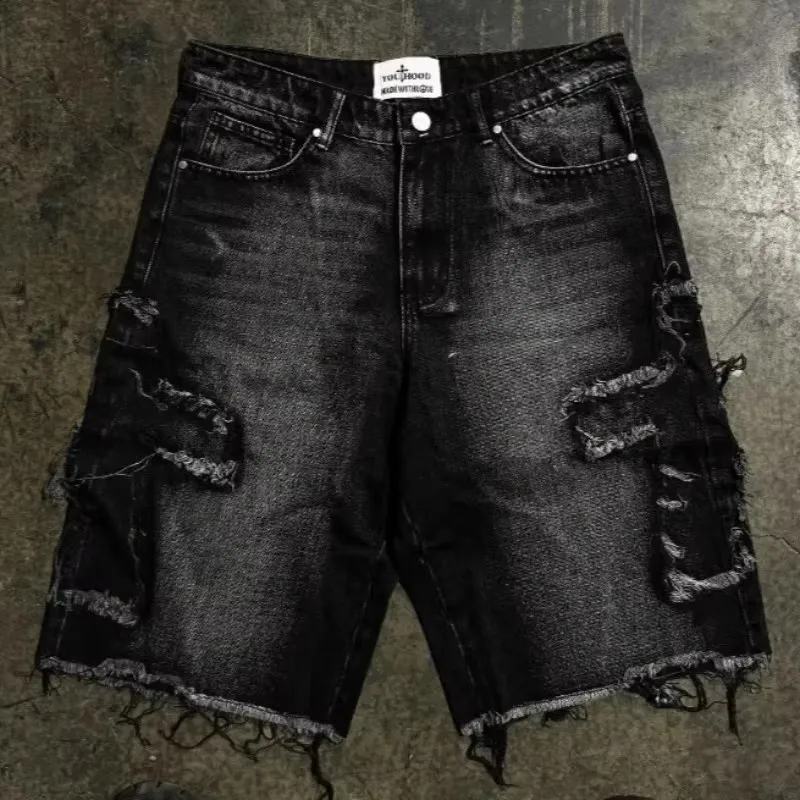Multiplewell American Y2K New Fashion Trend Letters Embroidered Denim Shorts Men Street Hip Hop Retro Loose Jeans Couple Casual Denim Shorts