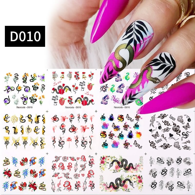 Harunouta 12Pcs New Snake Designs Water Decals Stickers For Nails Wavy Geometric Pattern Sliders Nail Art Decorations Manicures