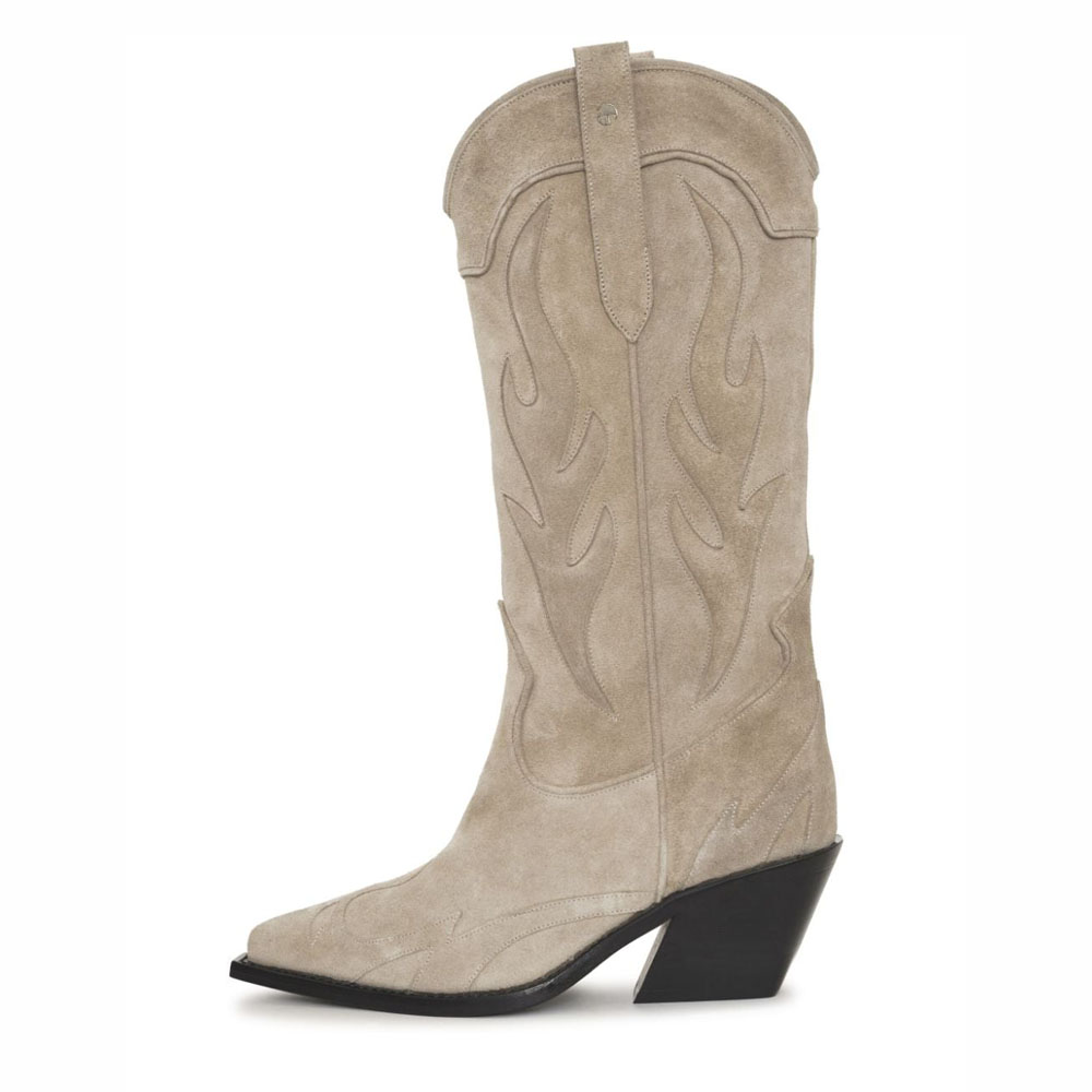 Vegan Suede Patchwork Chunky Heel Knee High Cowgirl Boots in Khaki