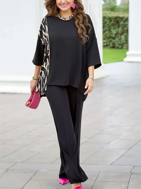 Round Neck Printed Top And Trousers Suit
