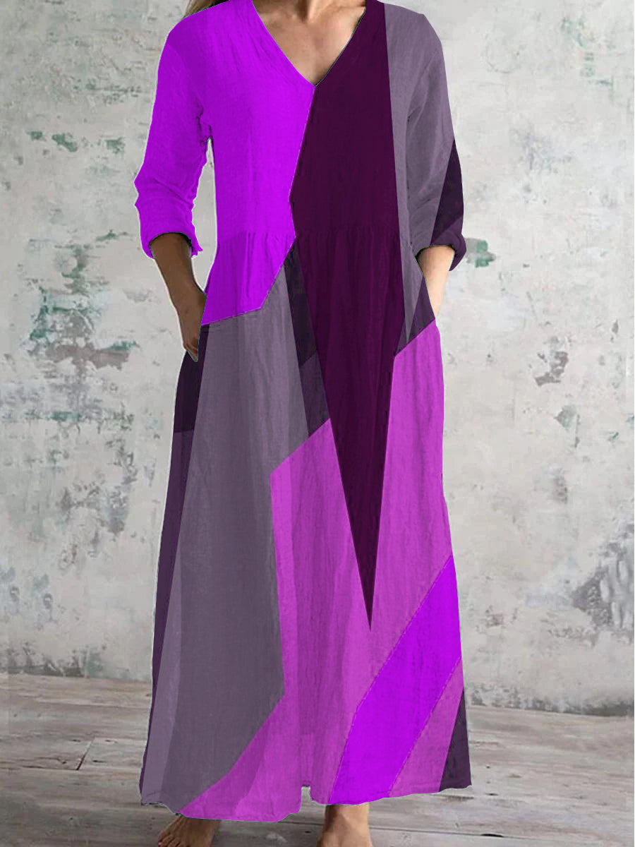 Women's V-Neck Abstract Geometric Art Cotton And Linen Pocket Dress
