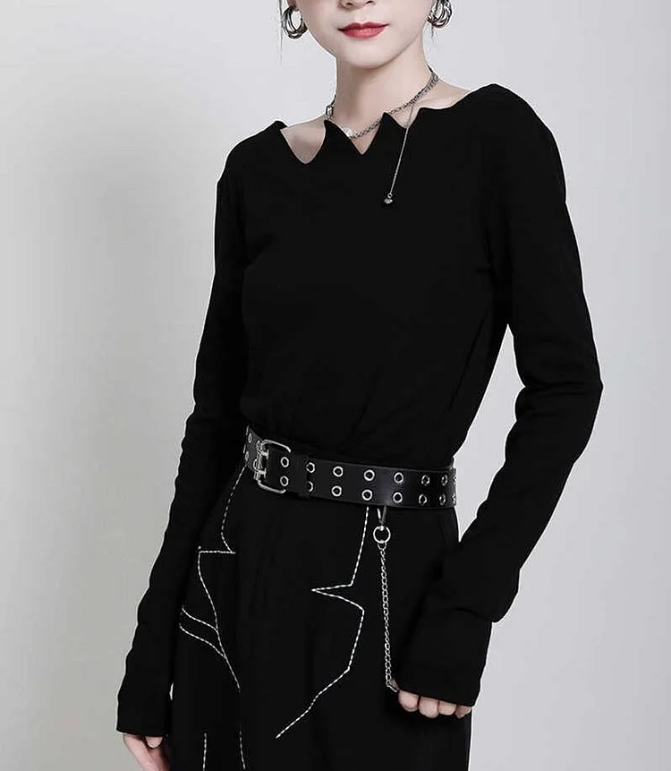 Design Black Irregular Neckline Long Sleeve T-shirt