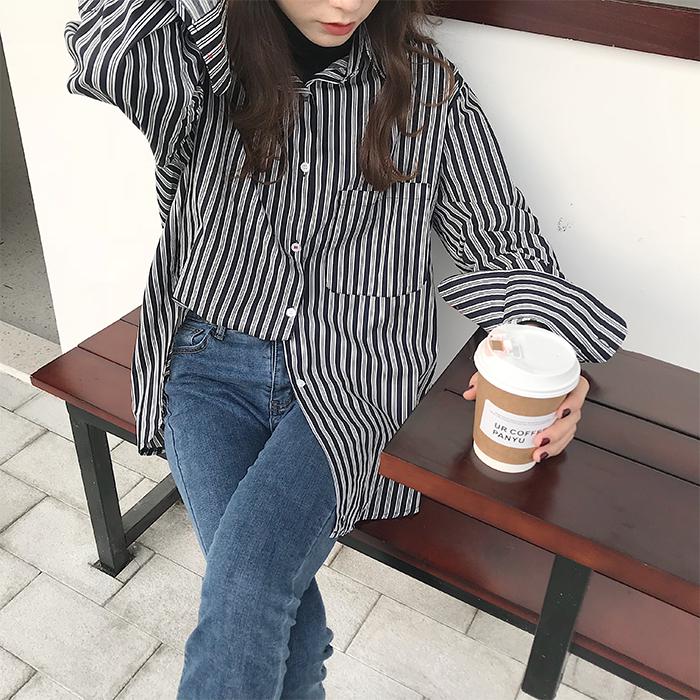 Long Sleeve Turn-down Collar Shirt Cotton Loose Casual Striped Korean Blouse