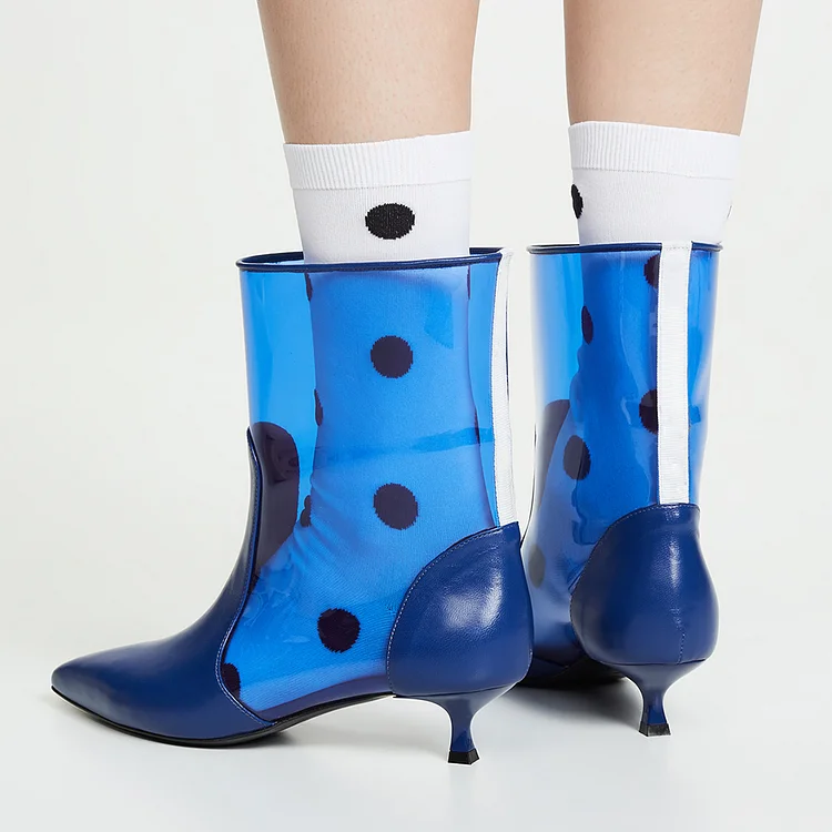 Blue Transparent PU PVC Kitten Heel Ankle Boots |FSJ Shoes
