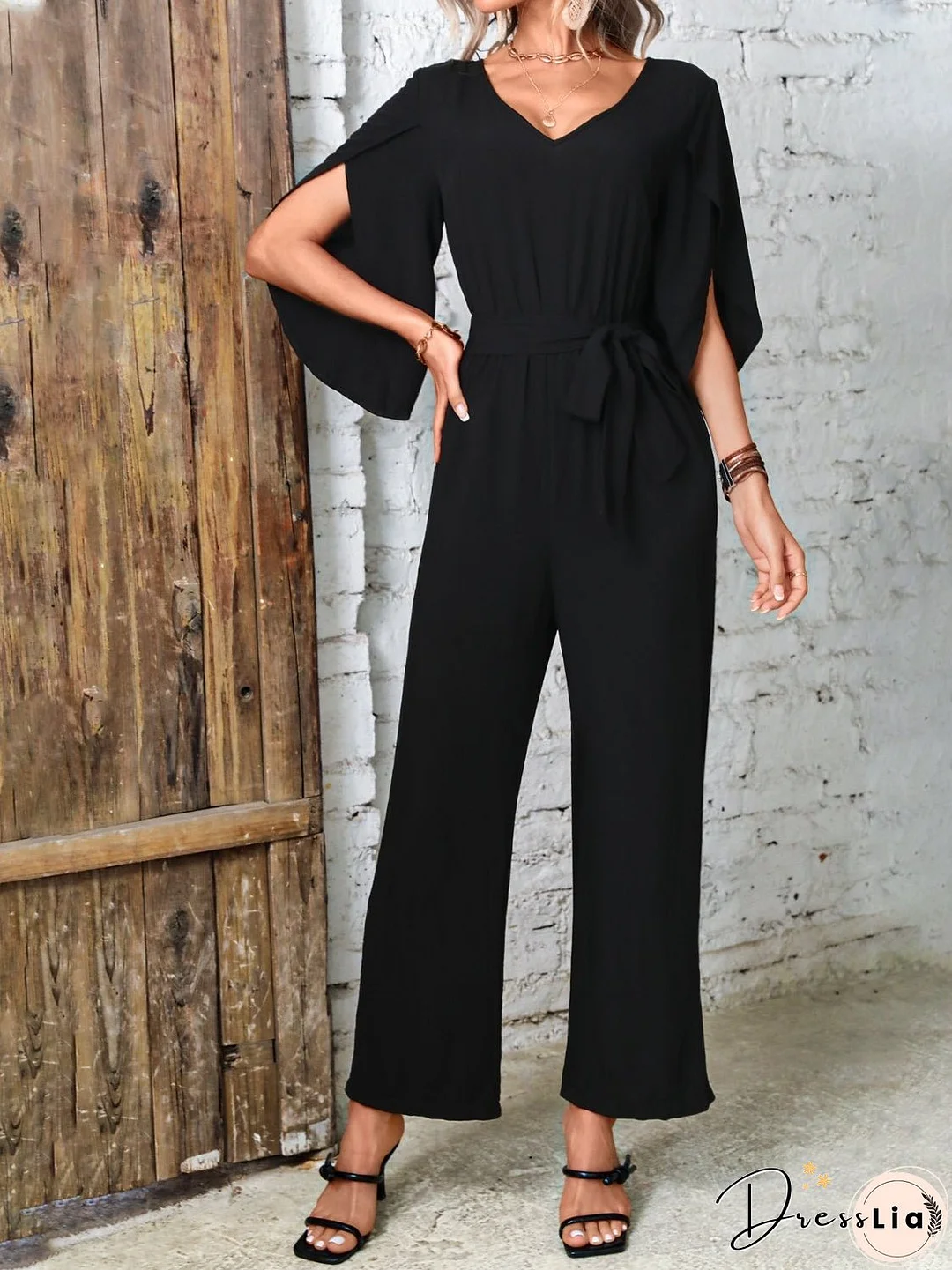Tied V-Neck Half Sleeve Wide Leg Jumpsuit
