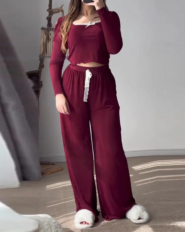 Long-sleeved solid color casual home wear two-piece suit