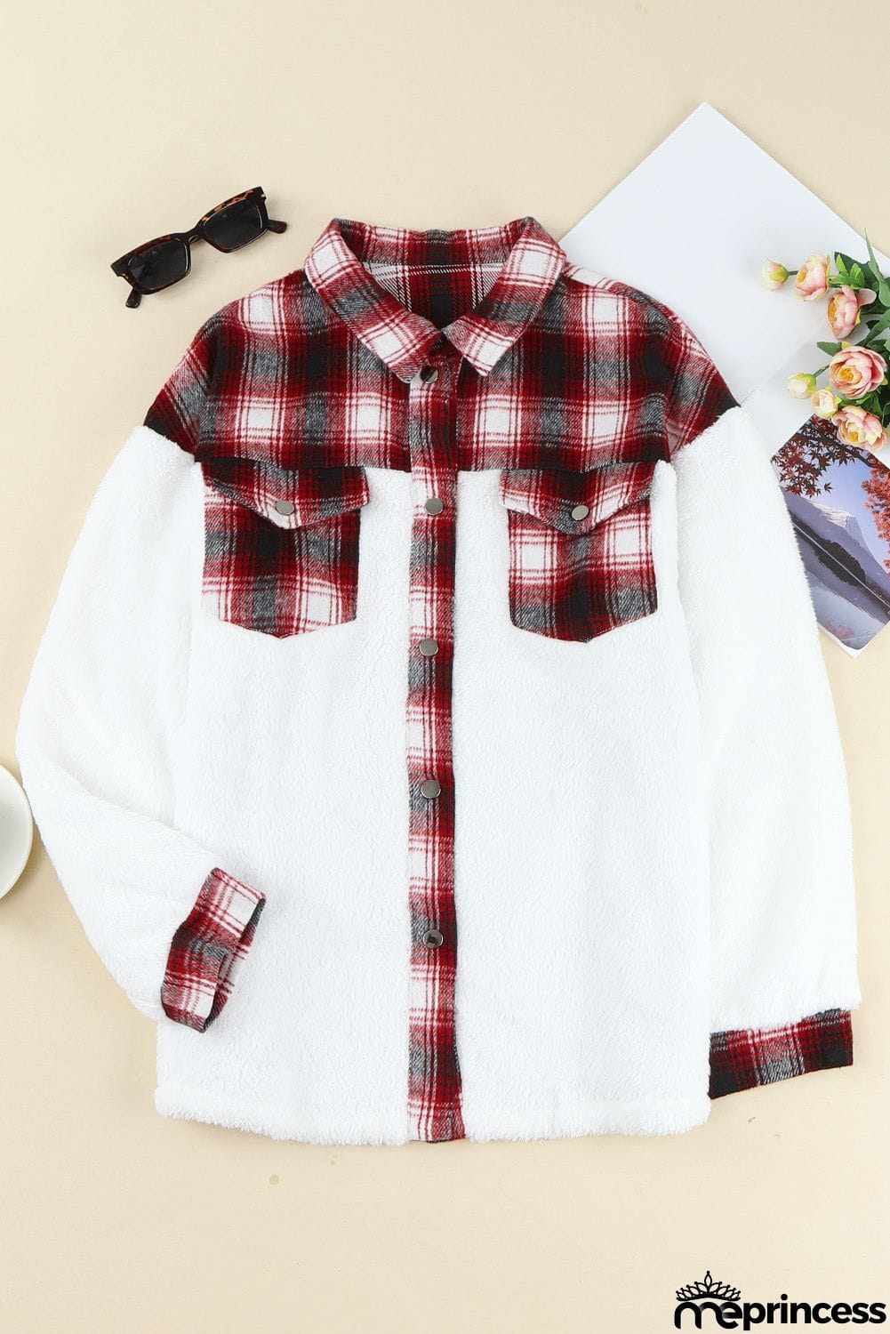Plaid Patchwork Buttoned Pocket Sherpa Jacket