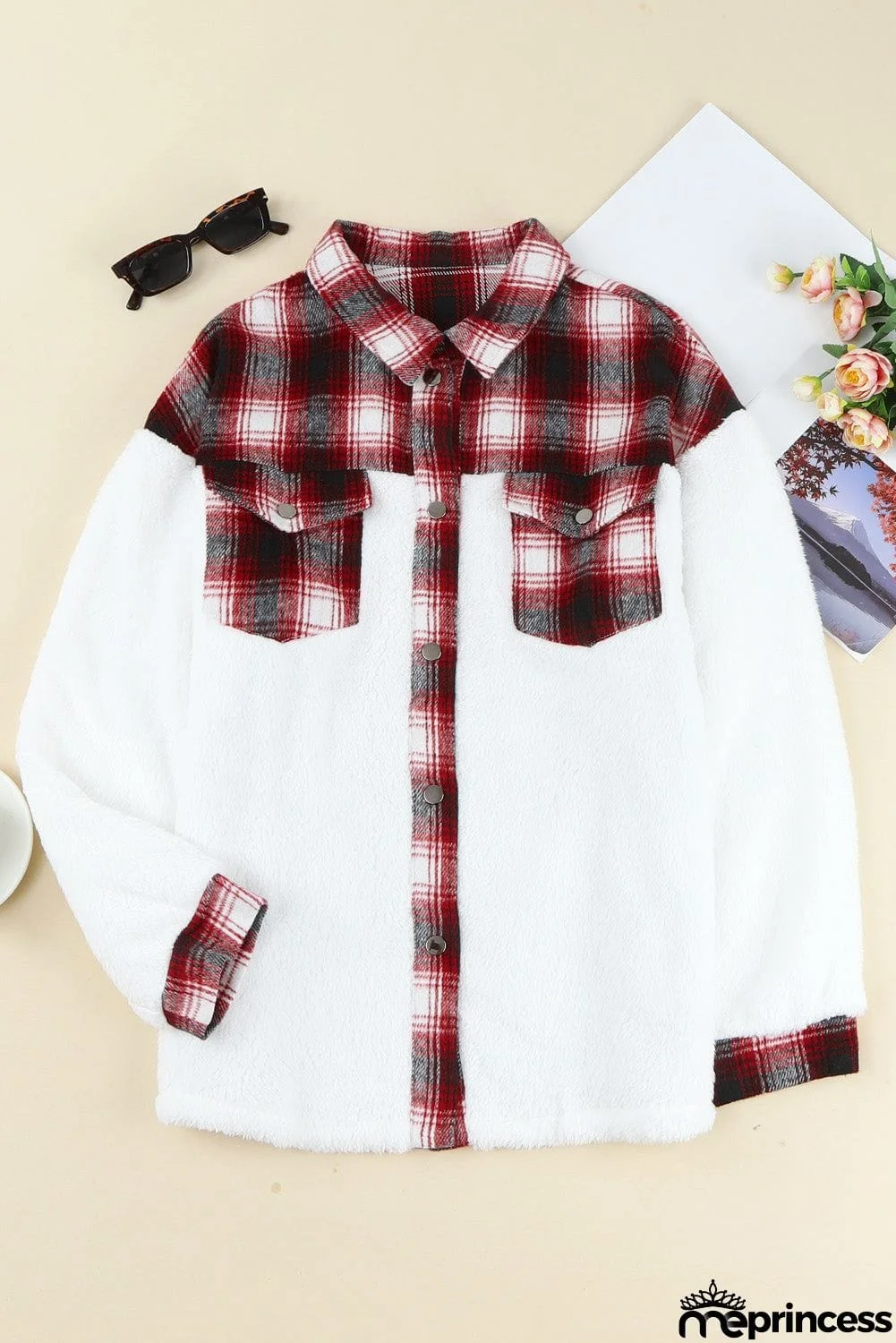 Plaid Patchwork Buttoned Pocket Sherpa Jacket
