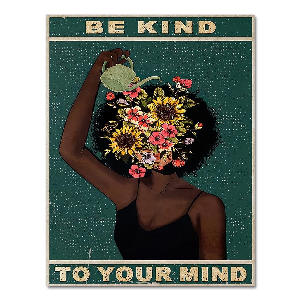 Black Girl Mental Health Poster Mental Be Kind To Your Mind Positive Art Prints African Woman Vintage Canvas Painting Home Decor