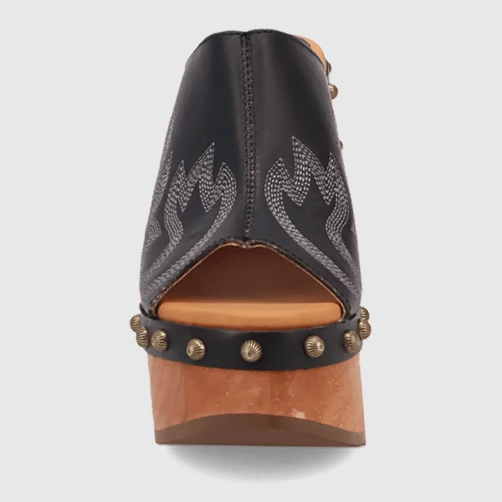 Black Peep Toe Chunky Heel Studded Embroidered Platform Mules Shoes