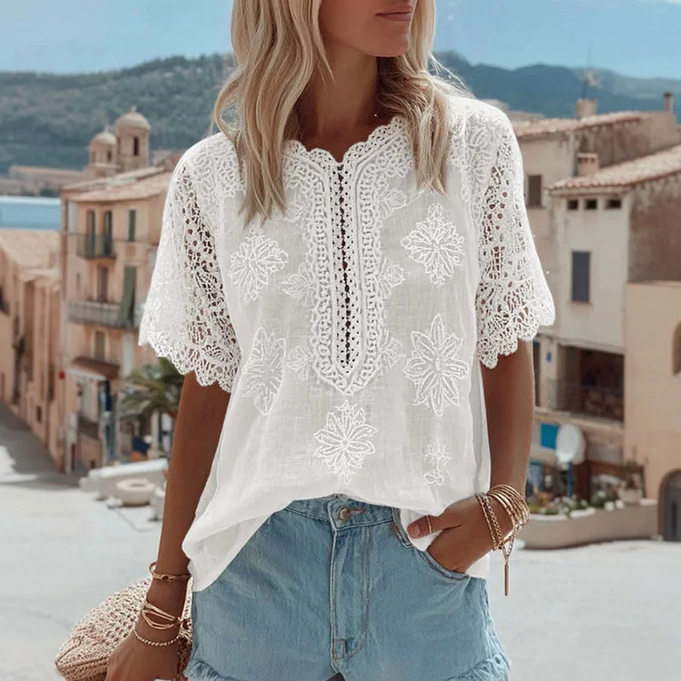 Women's Lace Embroidered Floral Linen Crew Neck T-shirt
