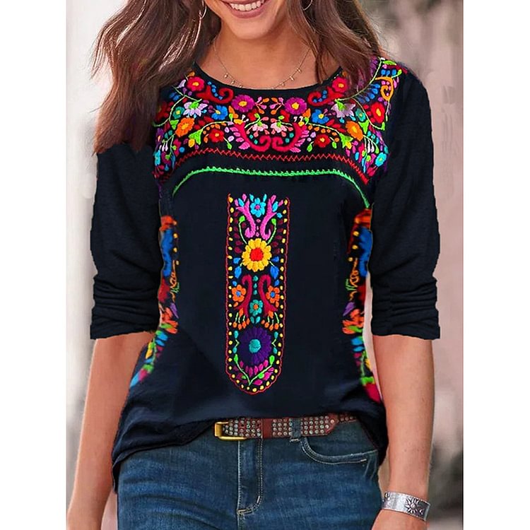 Mexican Long Sleeve Shirt for Women  Boho Floral Print Casual Tops 