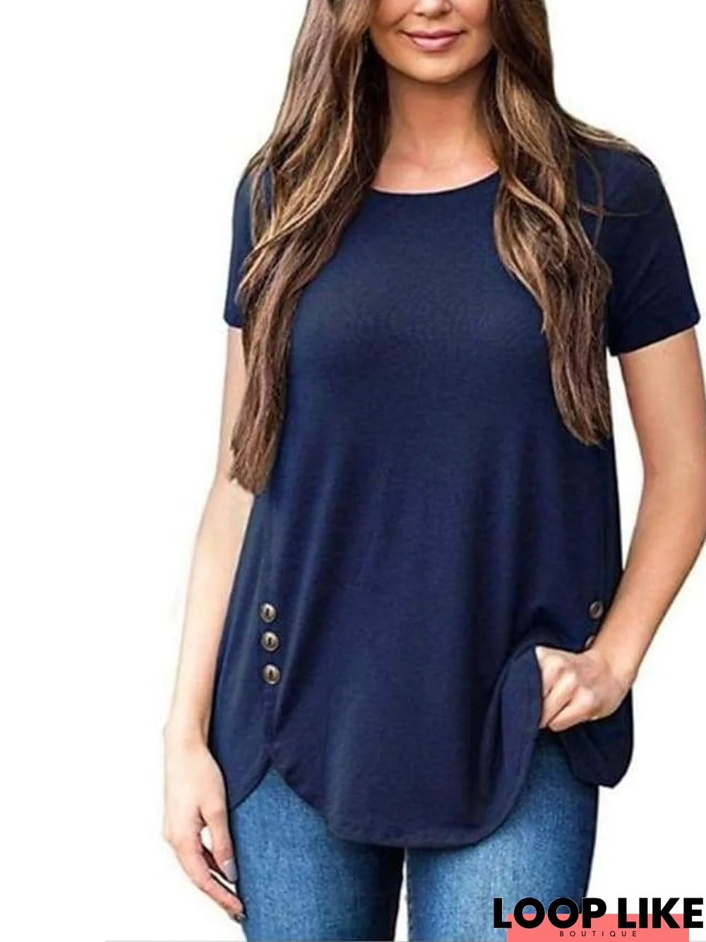 Women's Hem Short Sleeve-Shirt Solid Color Tee Round Neck Summer Daily