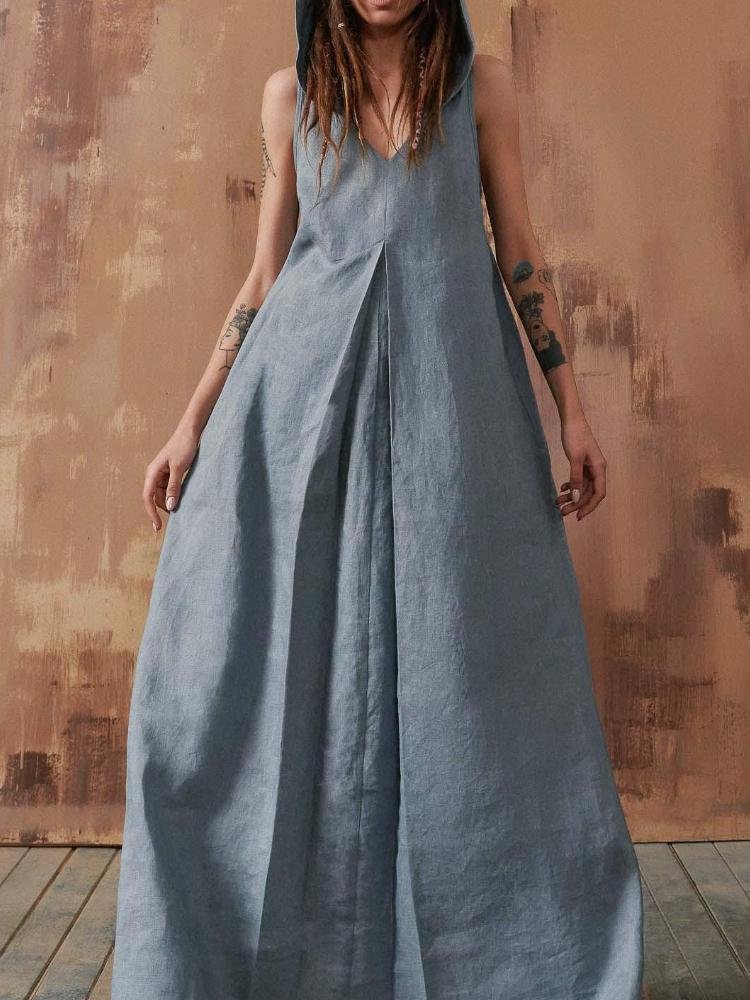 Casual Breathable Linen Front Pleated Hooded Long Dress