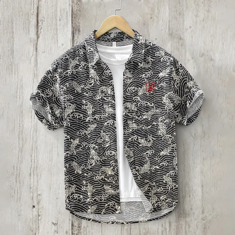 Japanese Art Fish Print Linen Blend Shirt