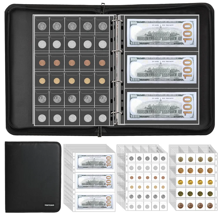 Coin Collection Album Holder for Collectors, 400 Pockets Fireproof Coin Collection Book & 36 Paper Money Organizer Binder