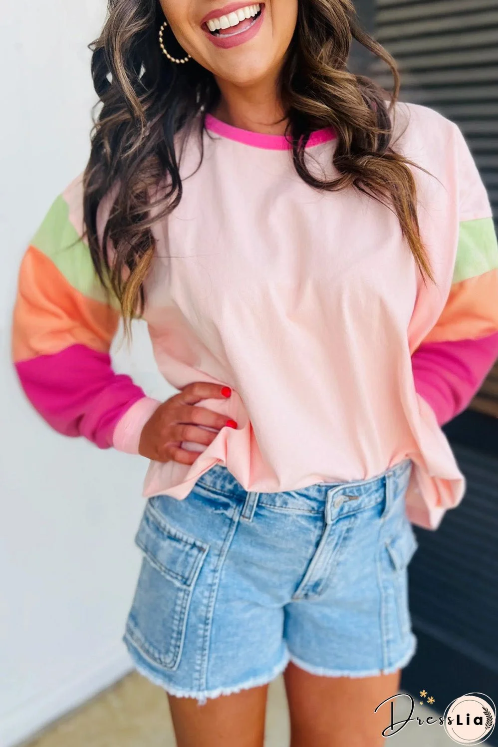 Color Block Crew Neck Long Sleeve Top