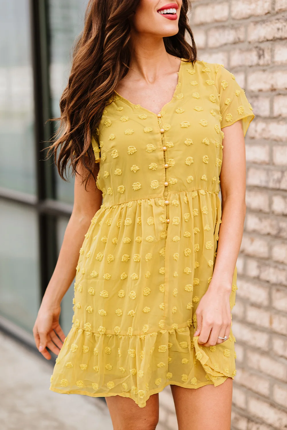 Yellow Polka Dot V Neck Ruffled Short Sleeves Mini Dress | IFYHOME
