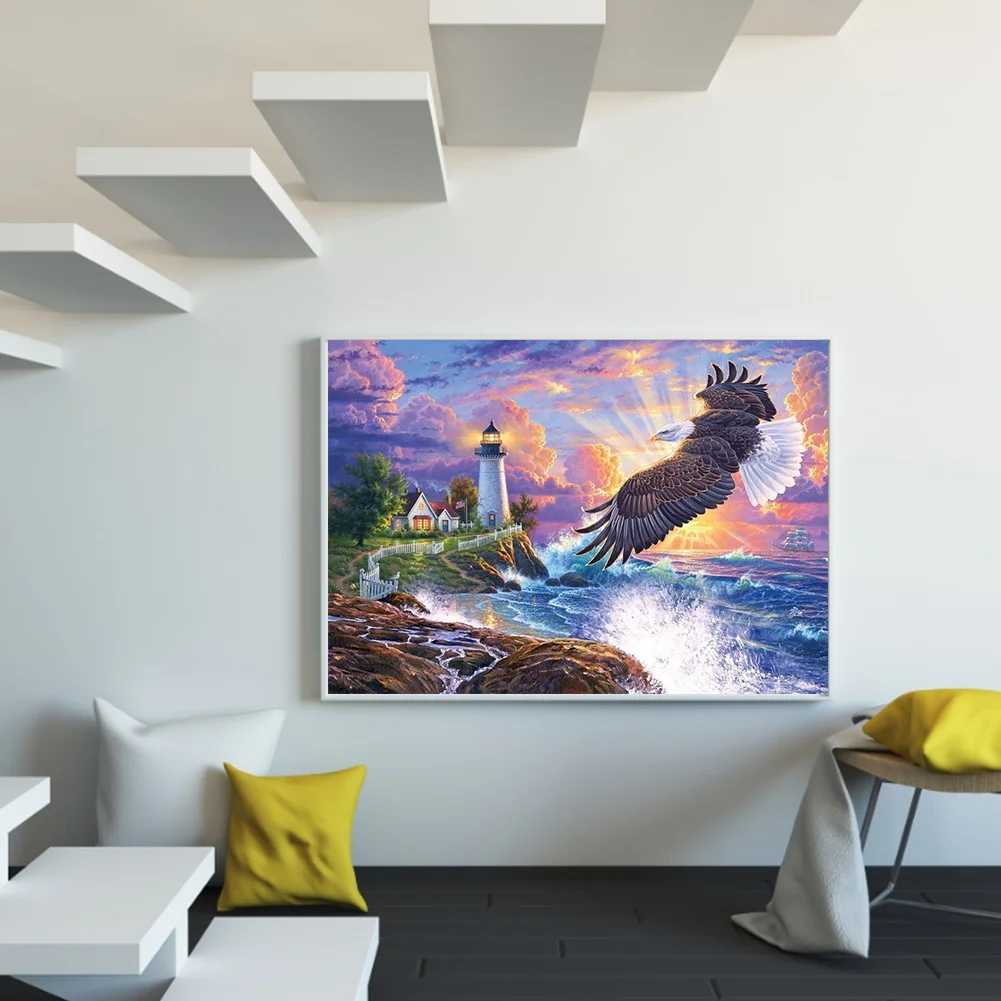 11CT Full Stamped Cross Stitch - Eagle and Lighthouse(Canvas|60*45CM)