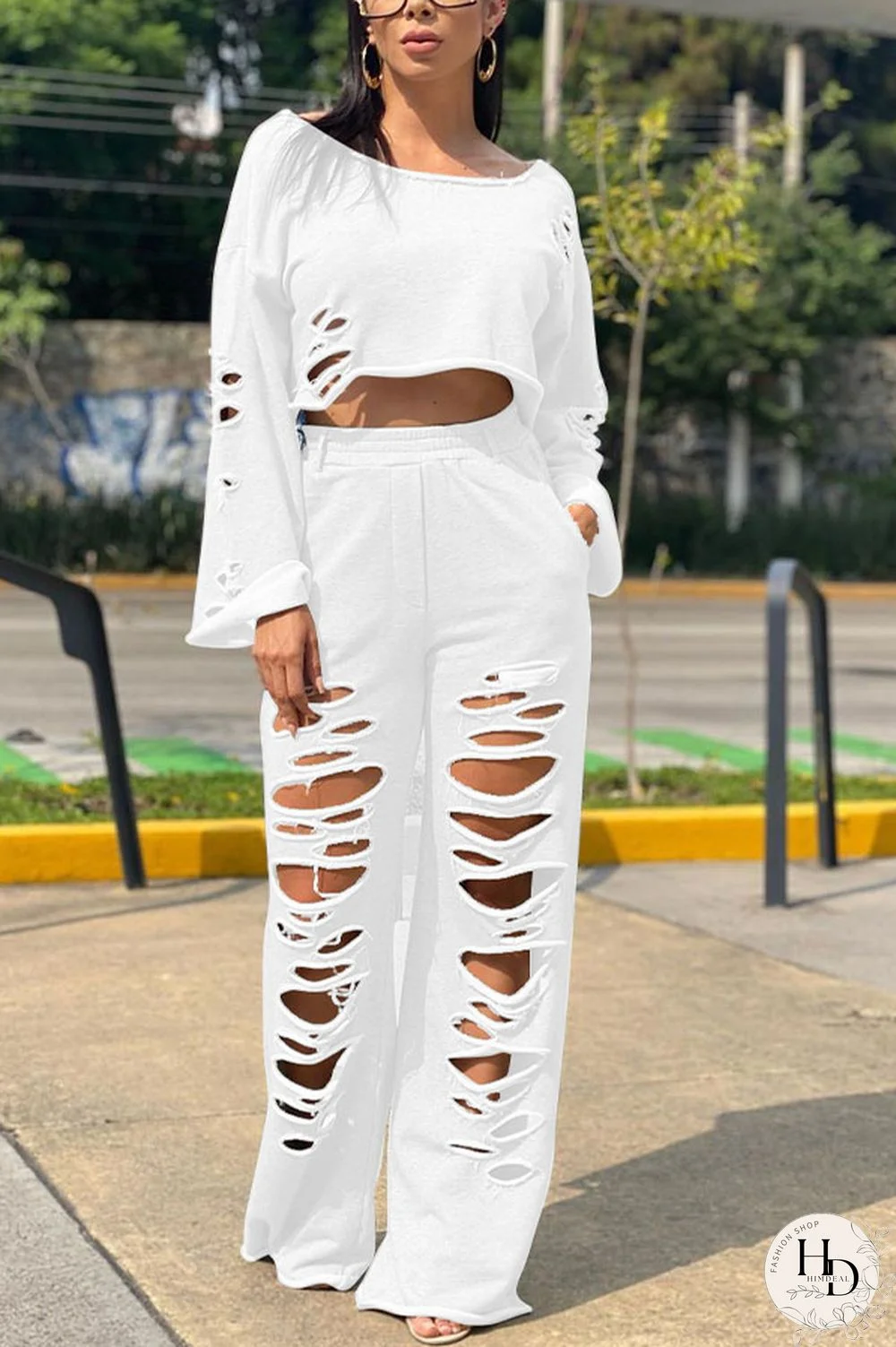 White Polyester Casual Geometric pencil Long Sleeve Two Pieces