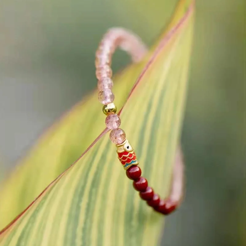 Cinnabar Strawberry Quartz Lucky Koi Fish Healing Bracelet