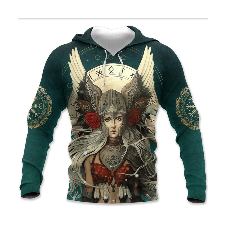 3D Printed Nordic Style Hoodie - Viking Goddess and Runes 