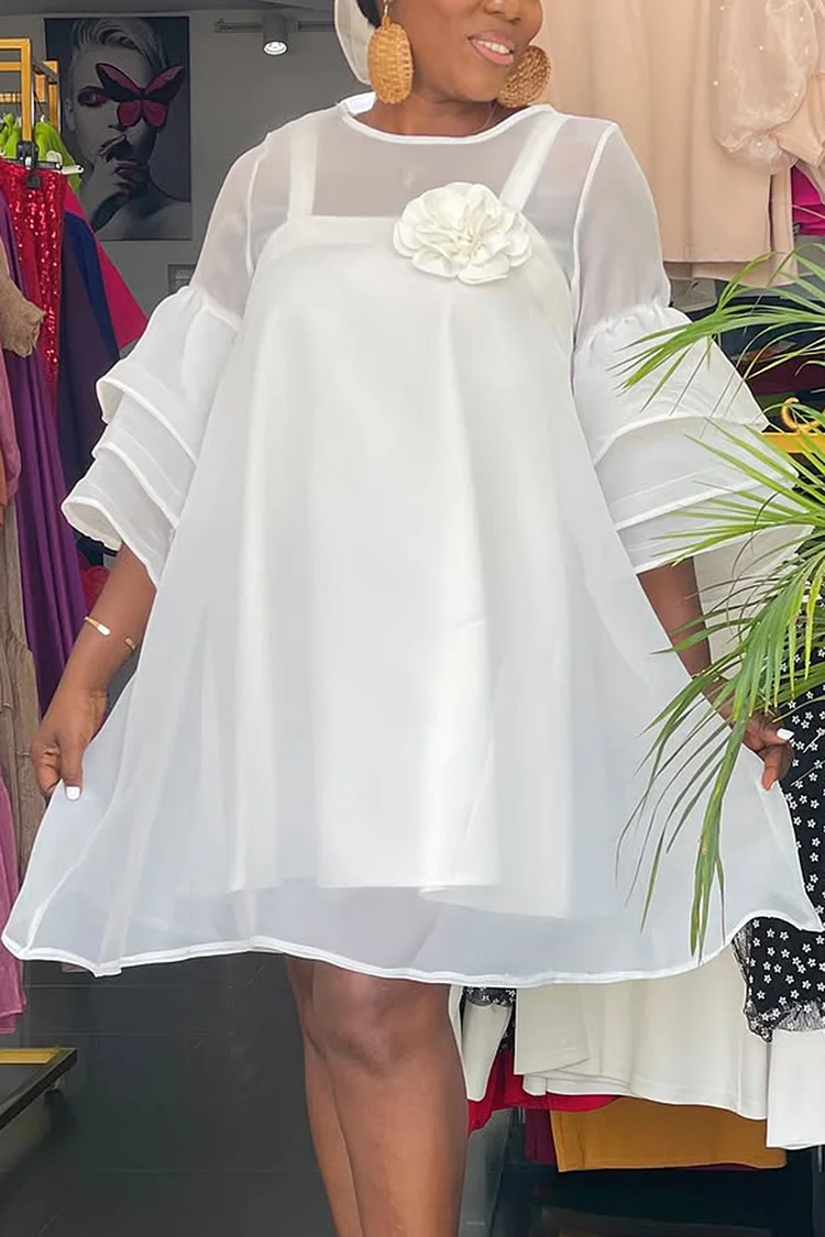 Plus Size Wedding Guest White Elegant Round Neck Flare 3/4 Sleeve 3D See Through Organza Two Piece Dress Set [Pre-Order] 2024 - Xpluswear