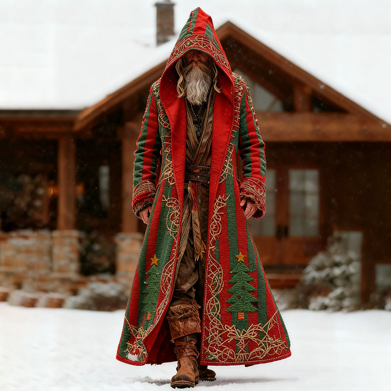 Men's Autumn Winter Christmas Tree With Celtic Knot Deer Pattern Hooded Kaftan Cloak Jacket elevenforest